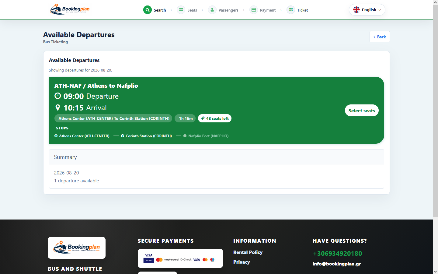Bookingplan available bus departures screen with route, departure, arrival and seats left