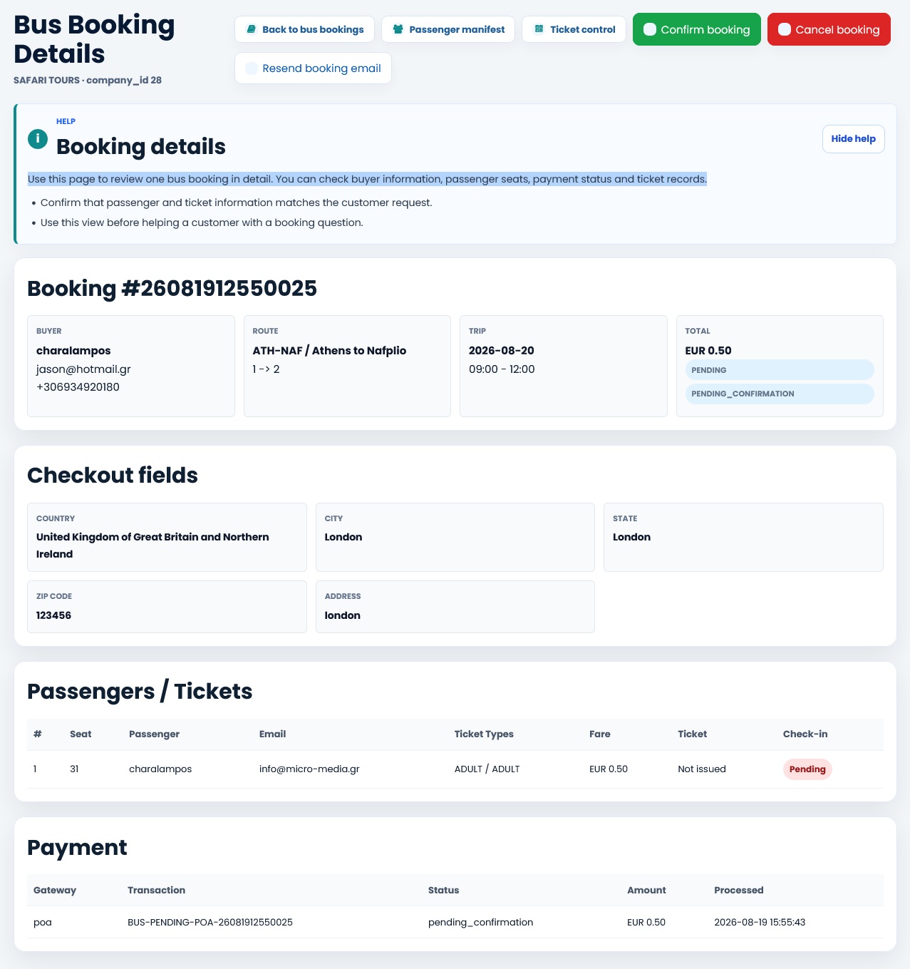 Bookingplan back-office booking details with passenger, ticket and payment information