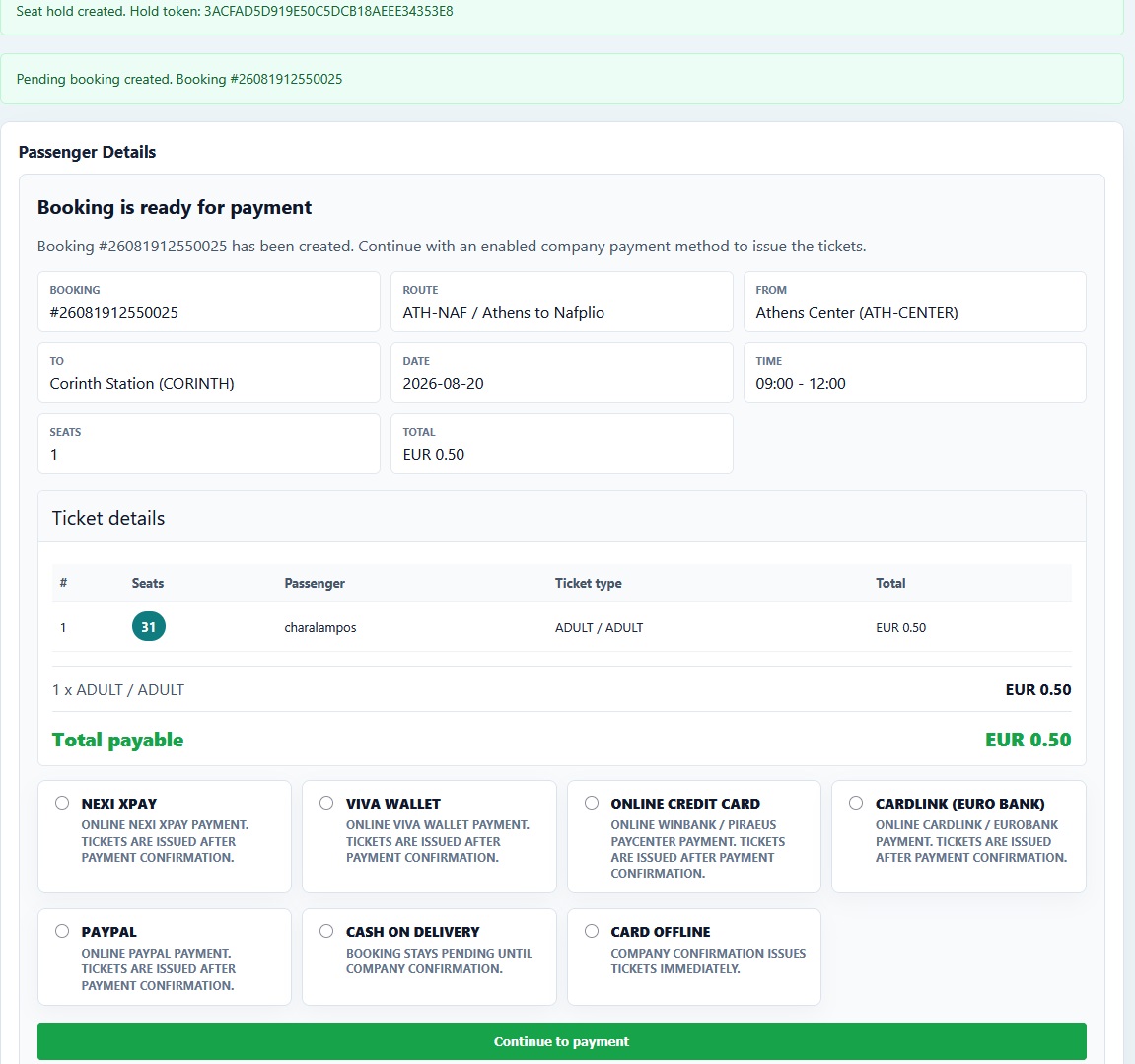 Bookingplan bus booking payment options screen