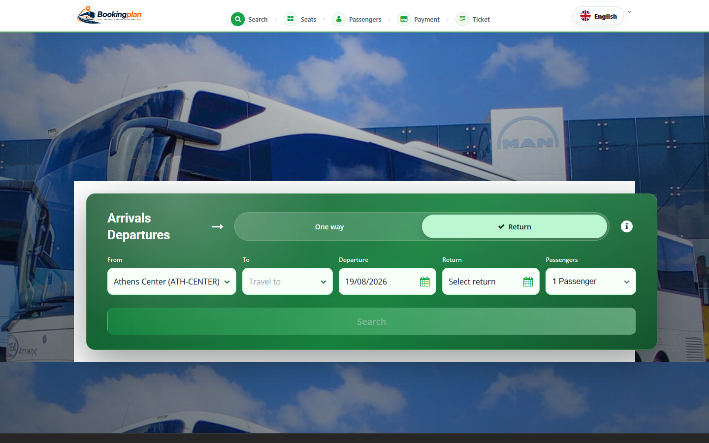 Bookingplan bus and shuttle booking search form for arrivals, departures and passenger selection