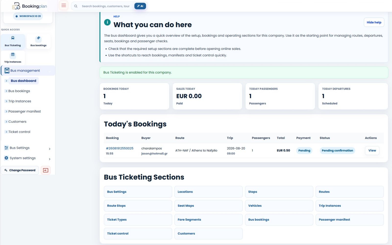 Bookingplan bus operator dashboard with bookings, departures and ticketing sections