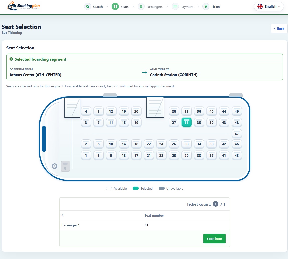 Bookingplan interactive bus seat selection map with available and selected seats