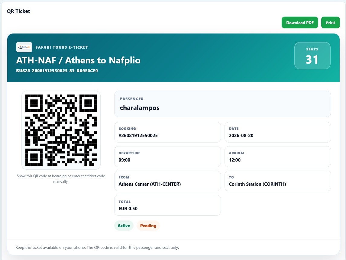 Bookingplan digital QR e-ticket with passenger, route, date and seat information