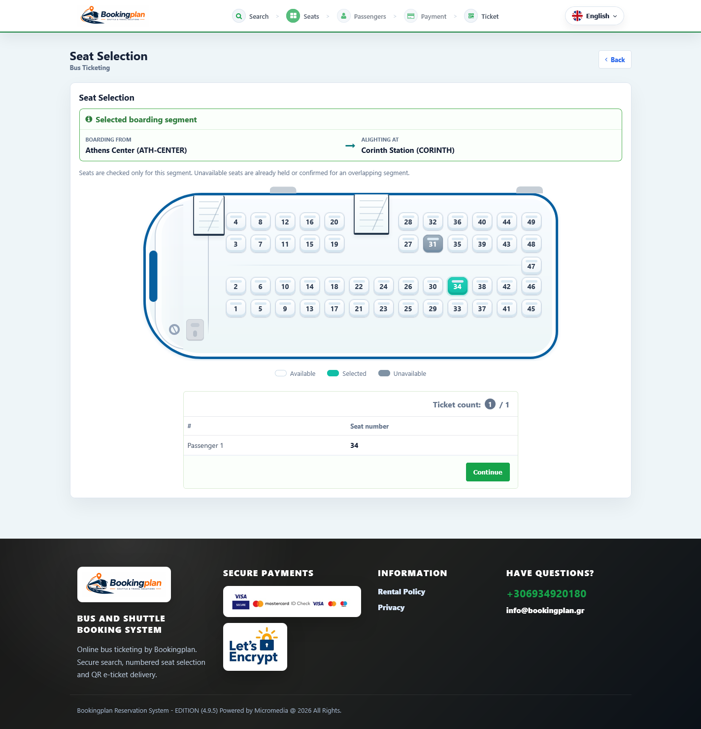 Bookingplan interactive bus seat selection screen with selected and unavailable seats