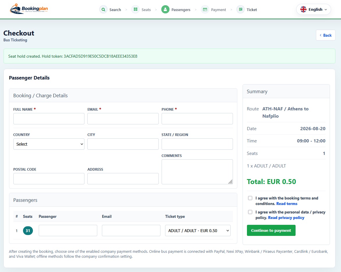 Bookingplan passenger checkout form with booking and journey details