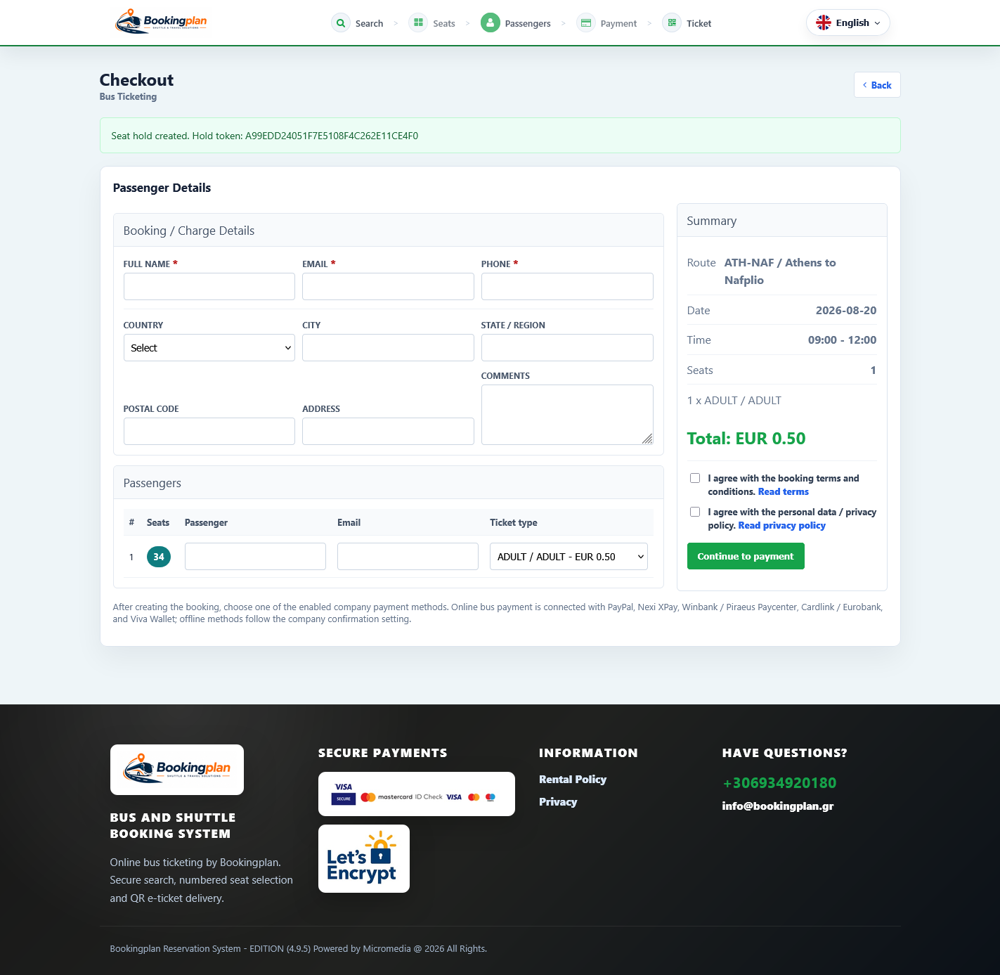 Bookingplan passenger checkout form with contact details, passenger information and payment summary